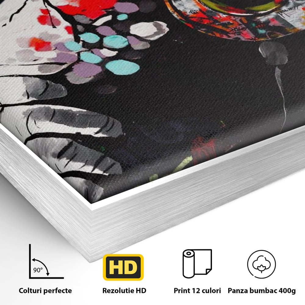 Detaliu al suprafetei: tablou canvas cu maimuta dj, in rama de aluminiu argintiu